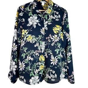 H&M Womens Floral Button Down Blouse Navy Blue Yellow Botanical Shirt Size 8